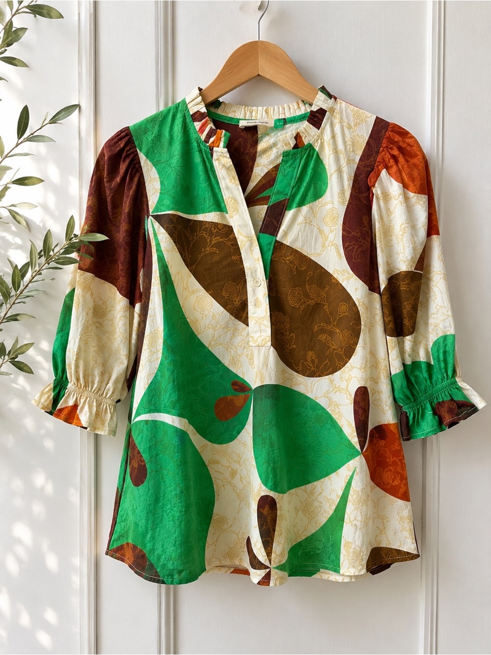 Maude Vivante Abstract Cotton Blouse XS Puff Sleeve Boho Artsy Top